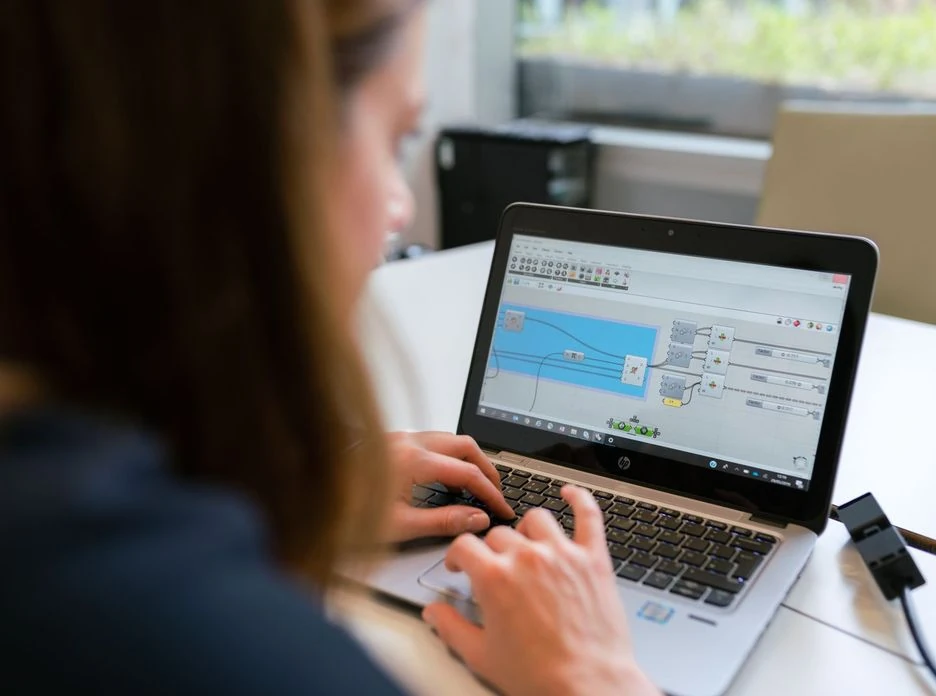 A woman engineer focuses on software analysis using a laptop indoors