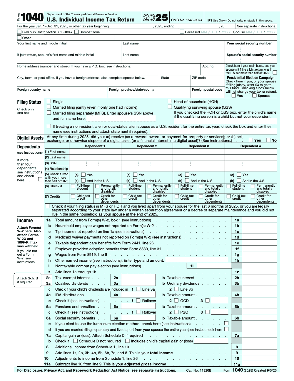 Page 1 of 2 of the official IRS Form 1040 PDF (2025 edition)
