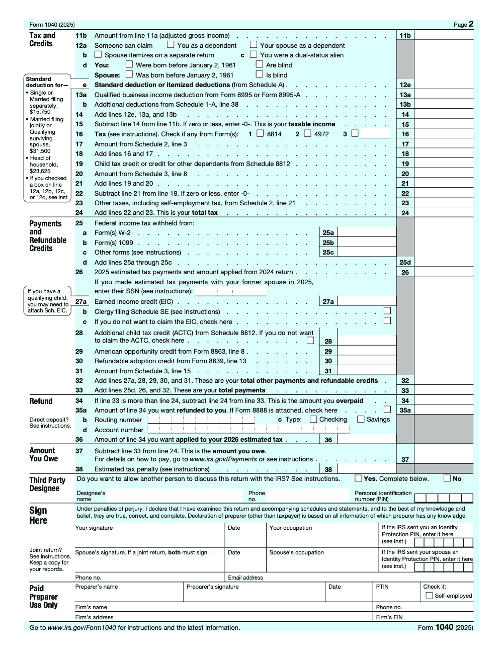 Page 2 of 2 of the official IRS Form 1040 PDF (2025 edition)