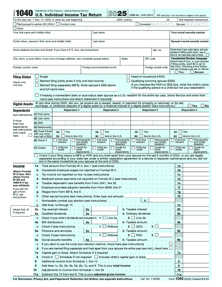 Page 1 of 2 of the official IRS Form 1040 PDF (2025 edition)