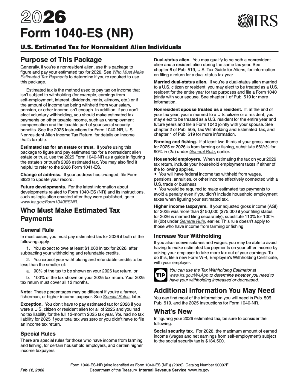 Page 1 of 12 of the official IRS Form 1040-ES (NR) PDF (2026 edition)