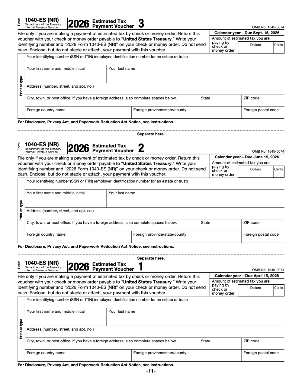Page 11 of 12 of the official IRS Form 1040-ES (NR) PDF (2026 edition): payment voucher