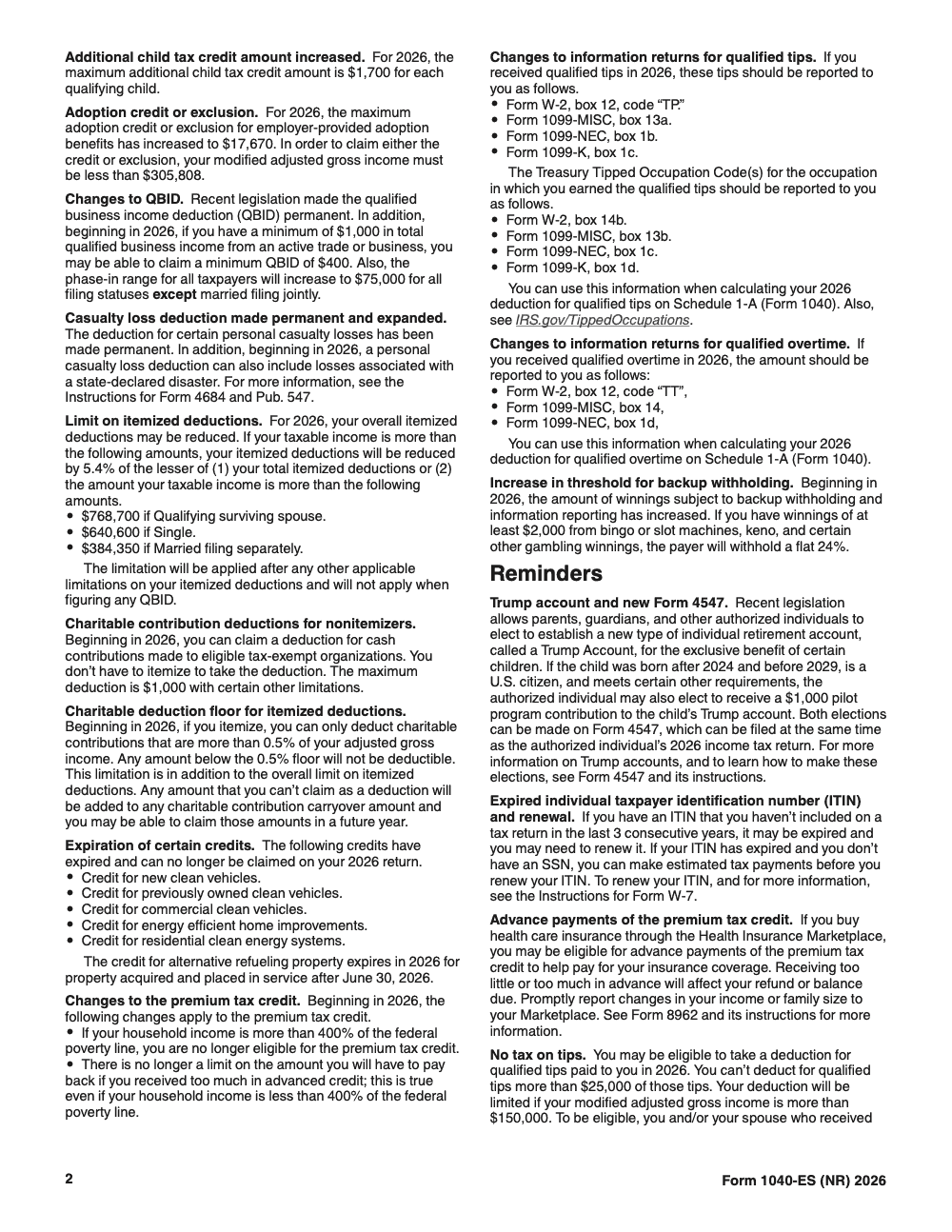 Page 2 of 12 of the official IRS Form 1040-ES (NR) PDF (2026 edition)