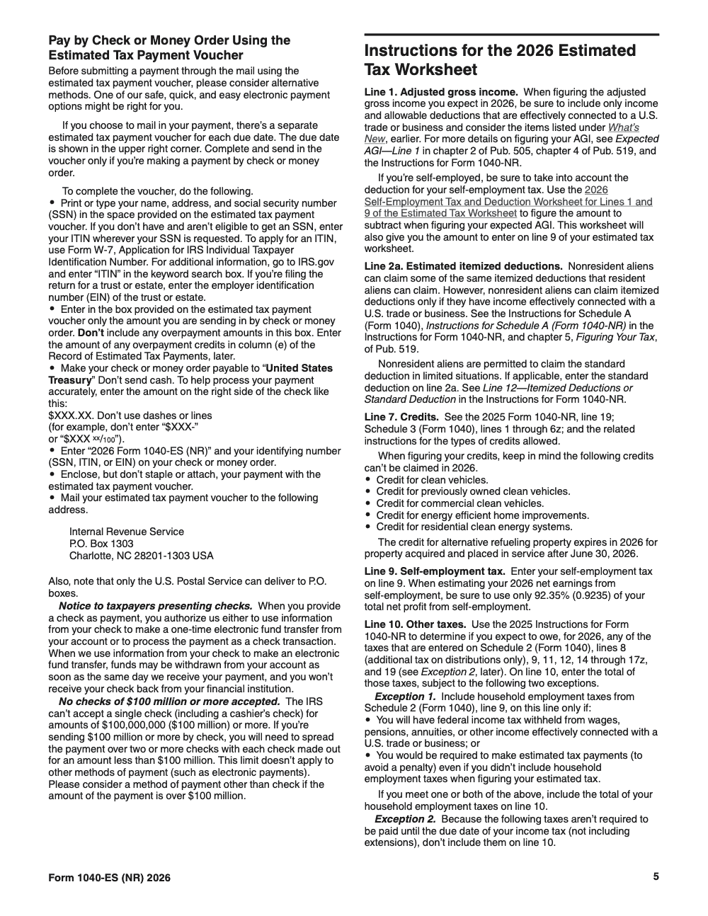 Page 5 of 12 of the official IRS Form 1040-ES (NR) PDF (2026 edition): payment voucher
