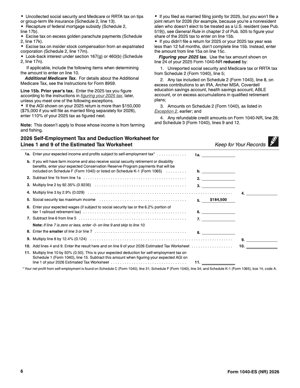 Page 6 of 12 of the official IRS Form 1040-ES (NR) PDF (2026 edition)