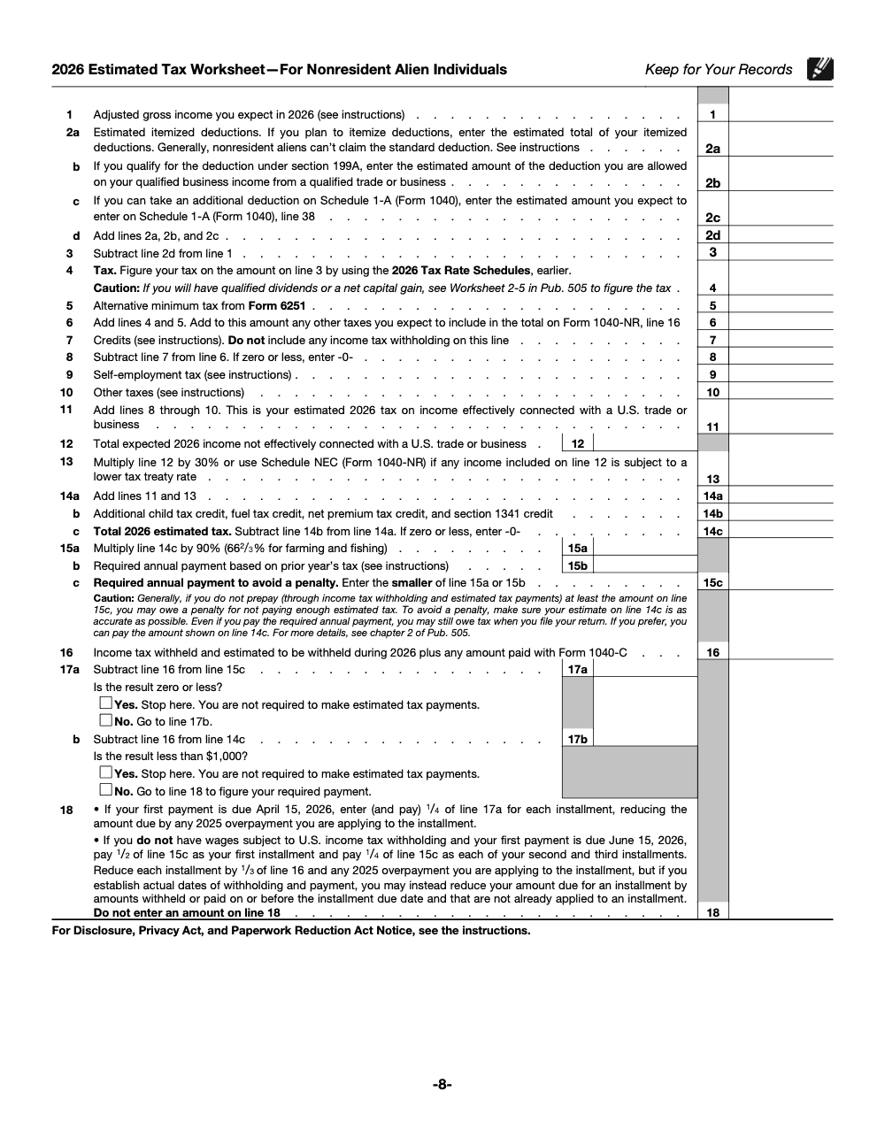 Page 8 of 12 of the official IRS Form 1040-ES (NR) PDF (2026 edition)