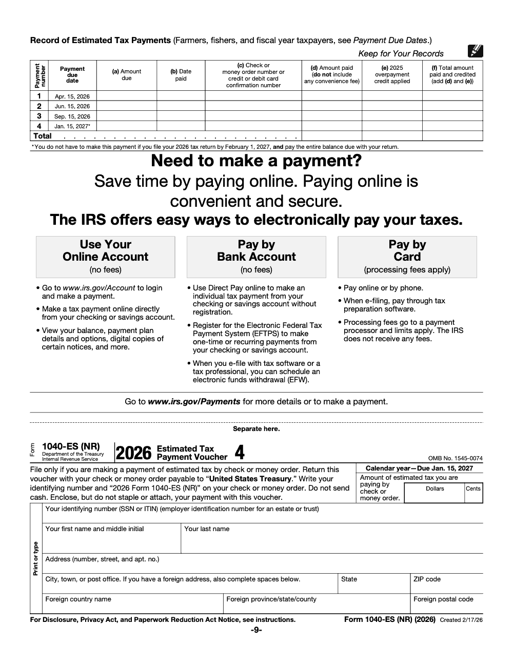 Page 9 of 12 of the official IRS Form 1040-ES (NR) PDF (2026 edition): payment voucher