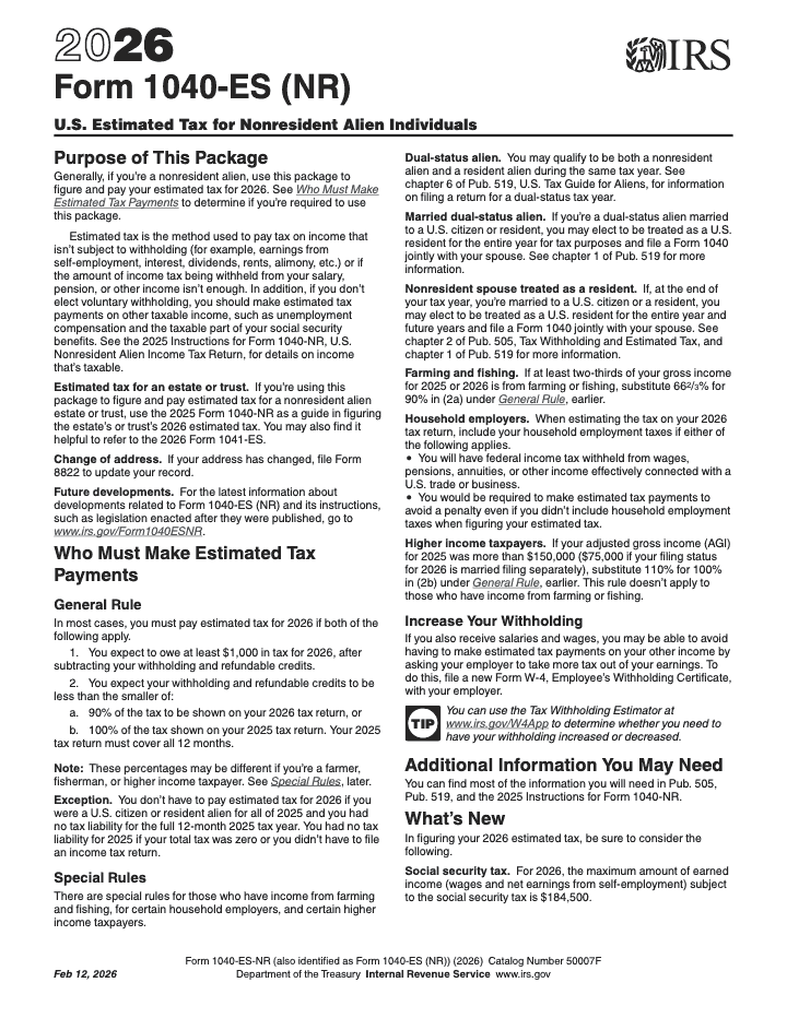 Page 1 of 12 of the official IRS Form 1040-ES (NR) PDF (2026 edition)