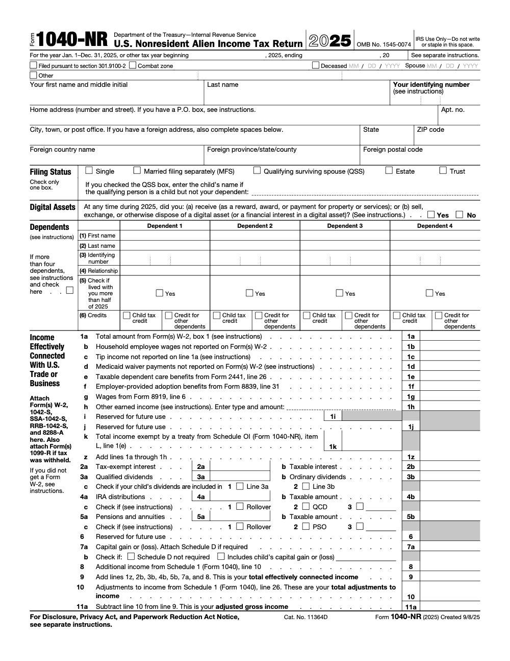 Page 1 of 2 of the official IRS Form 1040‑NR PDF (2025 edition)