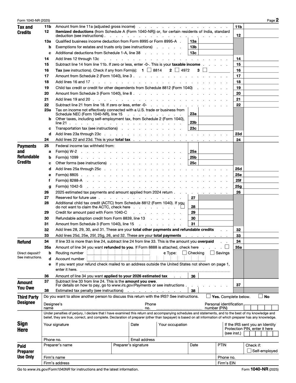 Page 2 of 2 of the official IRS Form 1040‑NR PDF (2025 edition)