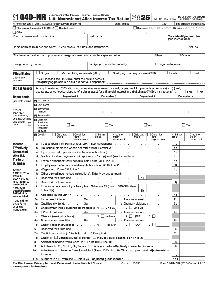 Page 1 of 2 of the official IRS Form 1040‑NR PDF (2025 edition)
