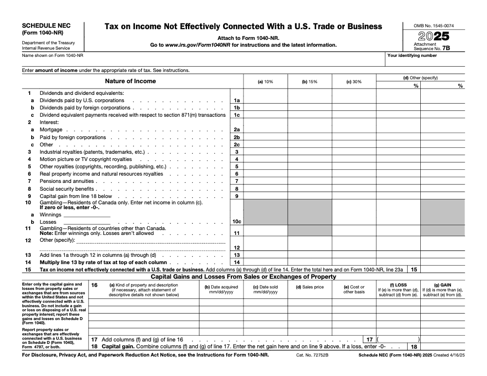 Page 1 of 1 of the official IRS Form 1040‑NR Schedule NEC PDF (2025 edition)