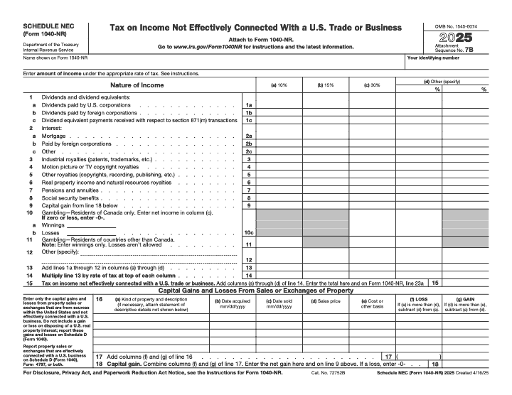 Page 1 of 1 of the official IRS Form 1040‑NR Schedule NEC PDF (2025 edition)