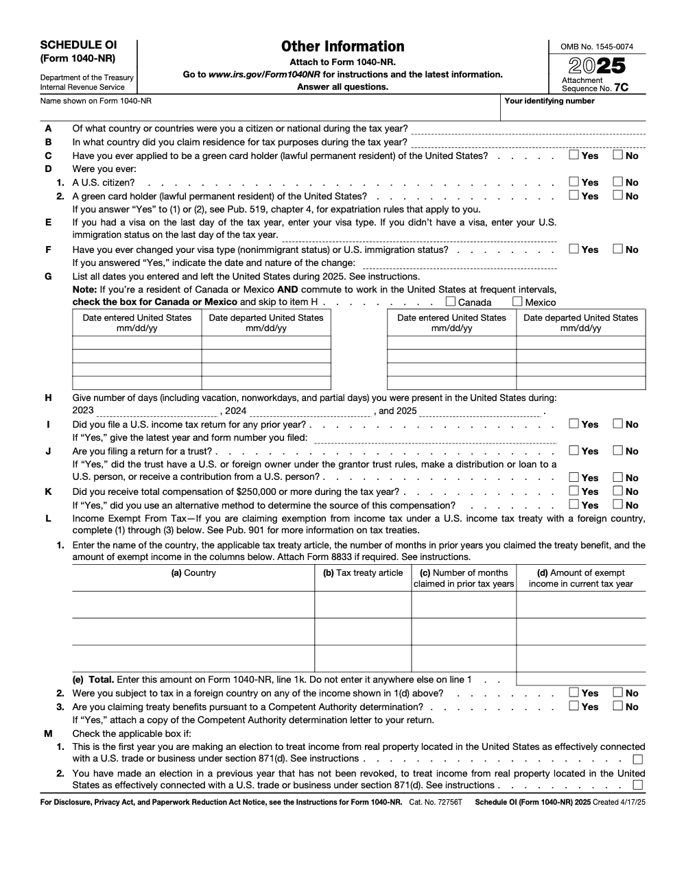 Page 1 of 1 of the official IRS 1040‑NR Schedule OI PDF (2025 edition)