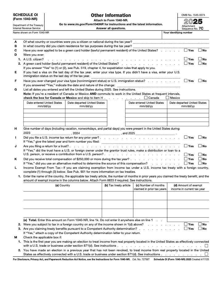 Page 1 of 1 of the official IRS 1040‑NR Schedule OI PDF (2025 edition)