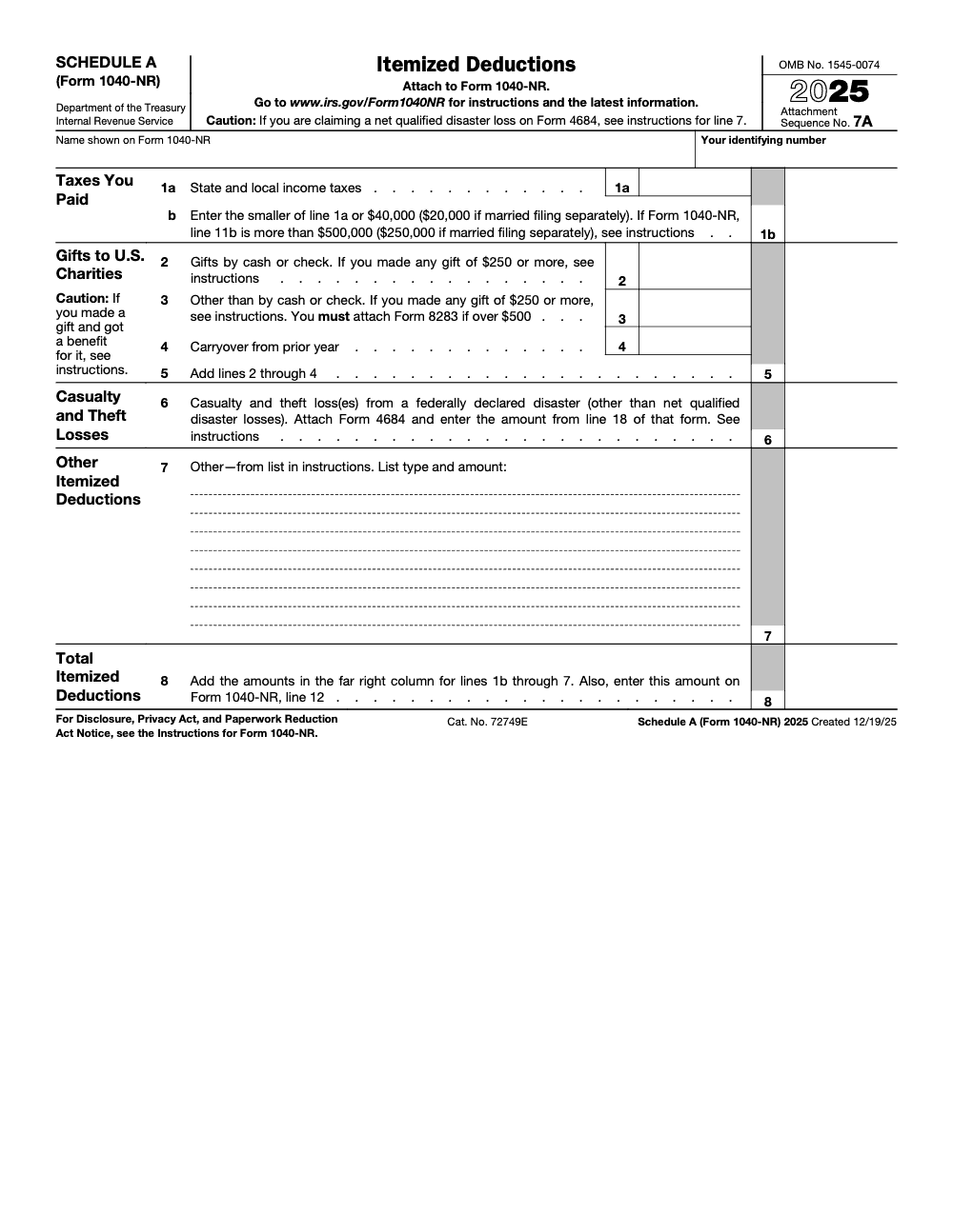 Page 1 of 1 of the official IRS Form 1040-NR Schedule A PDF (2025 edition)