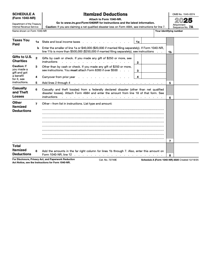 Page 1 of 1 of the official IRS Form 1040-NR Schedule A PDF (2025 edition)