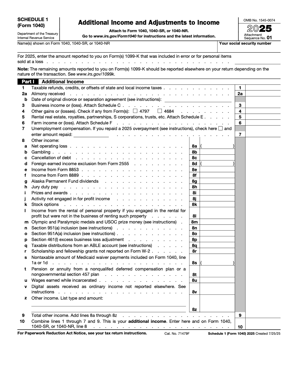 Page 1 of 2 of the official IRS Form 1040 Schedule 1 PDF (2025 edition): Part I