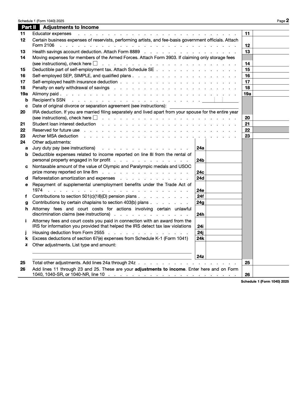 Page 2 of 2 of the official IRS Form 1040 Schedule 1 PDF (2025 edition): Part II