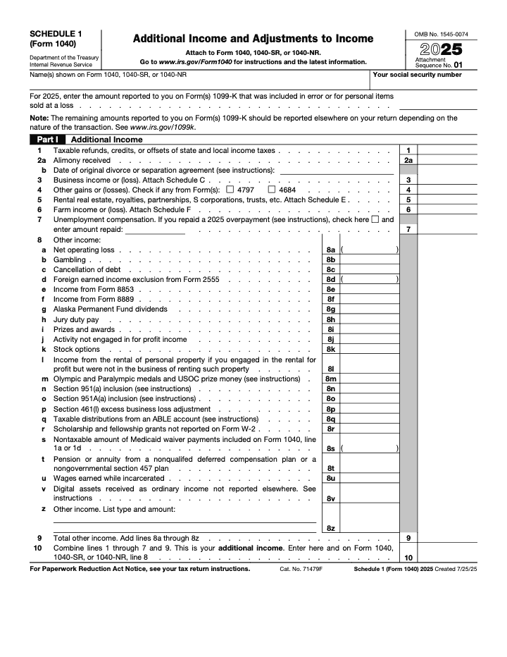 Page 1 of 2 of the official IRS Form 1040 Schedule 1 PDF (2025 edition): Part I