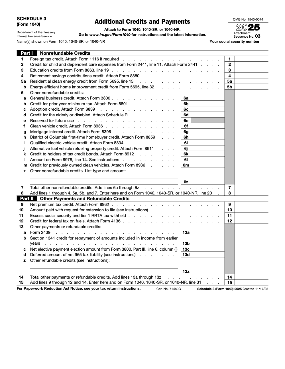Page 1 of 1 of the official IRS Schedule 3 PDF (2025 edition): Parts I, II