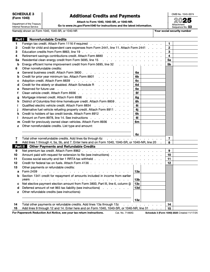 Page 1 of 1 of the official IRS Schedule 3 PDF (2025 edition): Parts I, II