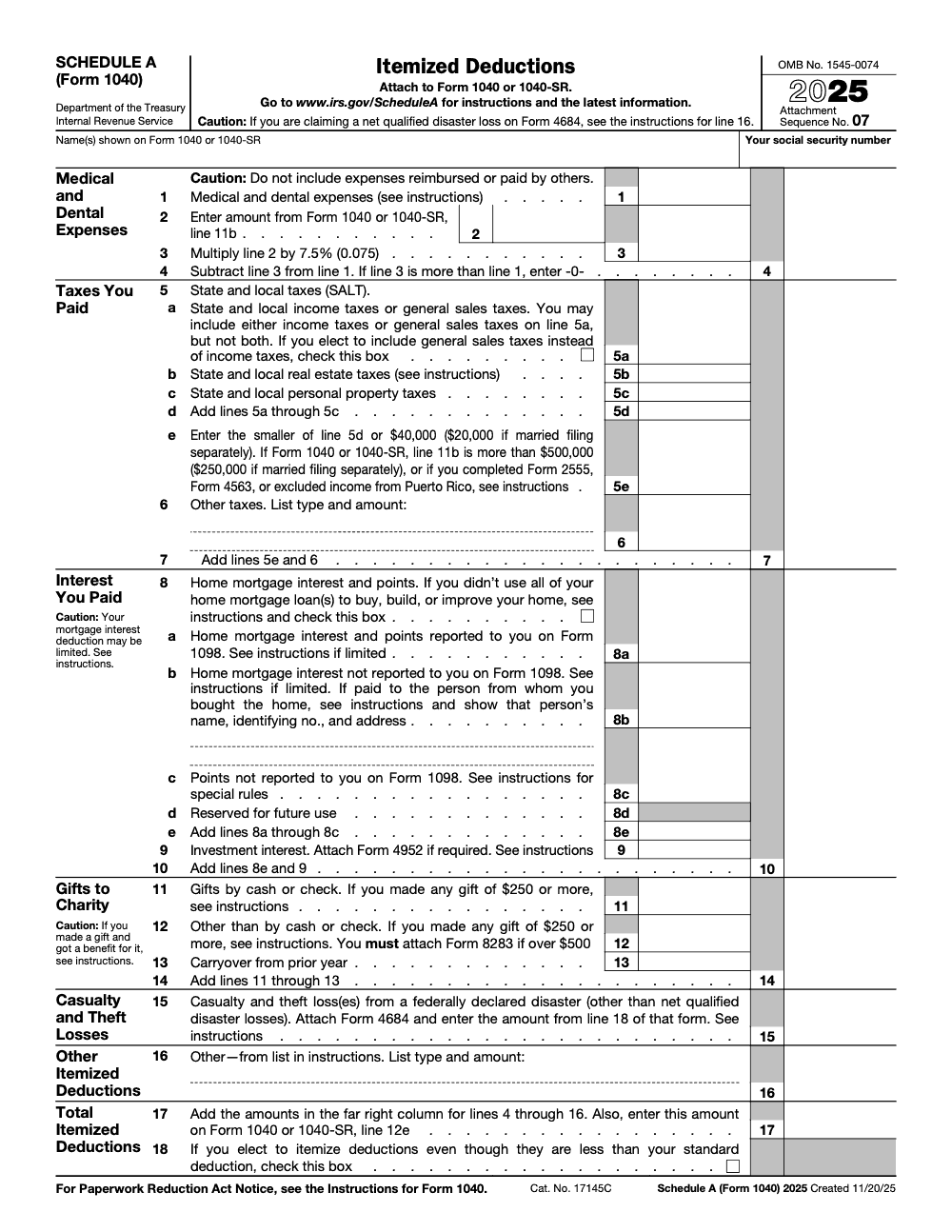 Page 1 of 1 of the official IRS Form 1040 Schedule A PDF (2025 edition)