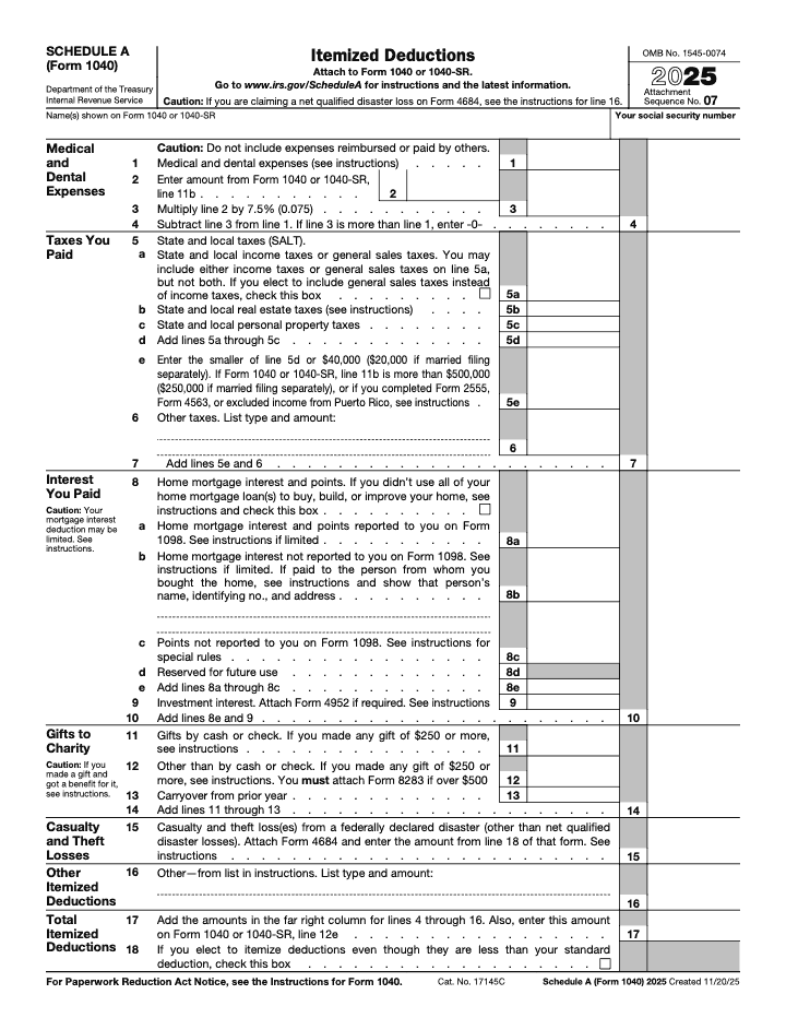 Page 1 of 1 of the official IRS Form 1040 Schedule A PDF (2025 edition)