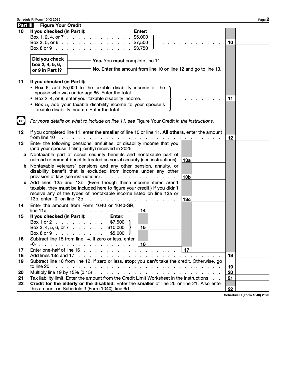 Page 2 of 2 of the official IRS 1040 Schedule R PDF (2025 edition): Parts III, I