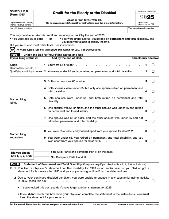 Page 1 of 2 of the official IRS 1040 Schedule R PDF (2025 edition): Parts I, II, III