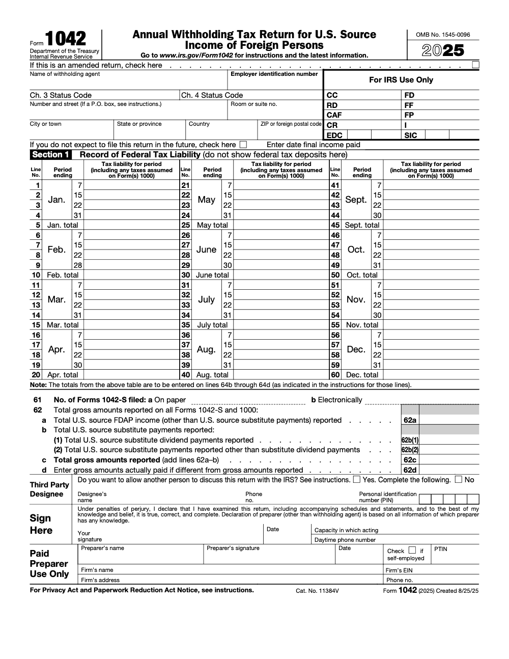 Page 1 of 2 of the official IRS Form 1042 PDF (2025 edition)