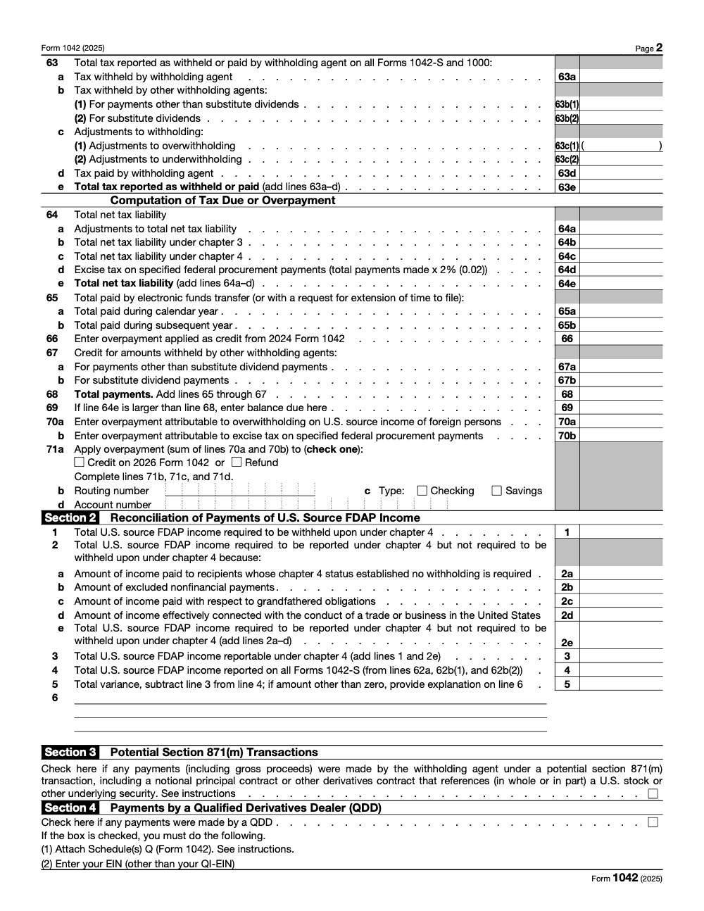 Page 2 of 2 of the official IRS Form 1042 PDF (2025 edition)