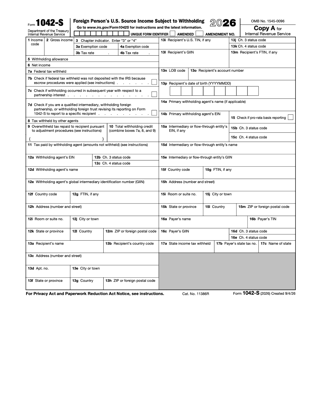 Page 1 of 7 of the official IRS Form 1042‑S Guide PDF (2026 edition): Copy A