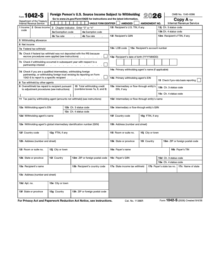 Page 1 of 7 of the official IRS Form 1042‑S Guide PDF (2026 edition): Copy A