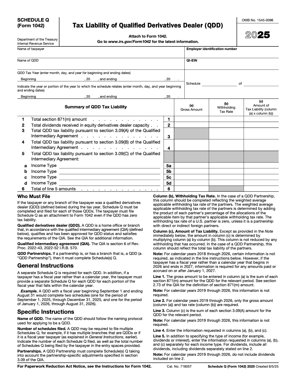 Page 1 of 1 of the official IRS Form 1042 Schedule Q PDF (2025 edition): instructions