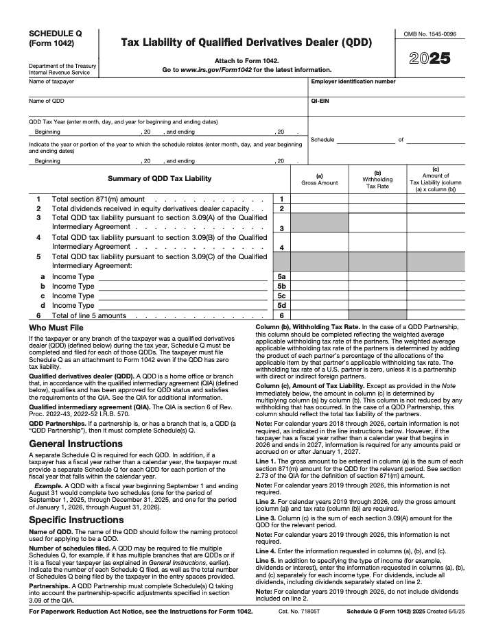 Page 1 of 1 of the official IRS Form 1042 Schedule Q PDF (2025 edition): instructions
