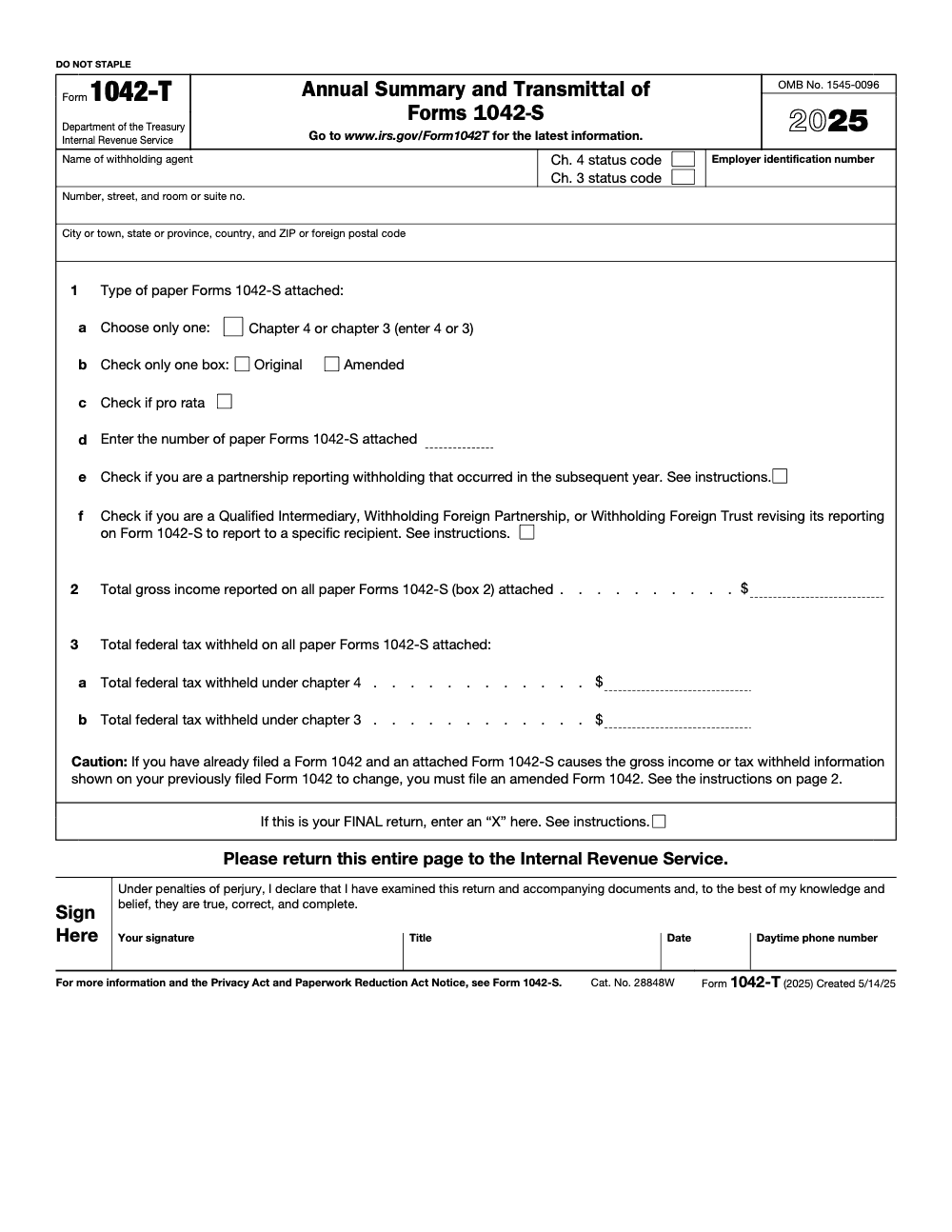 Page 1 of 2 of the official IRS Form 1042-T PDF (2025 edition)