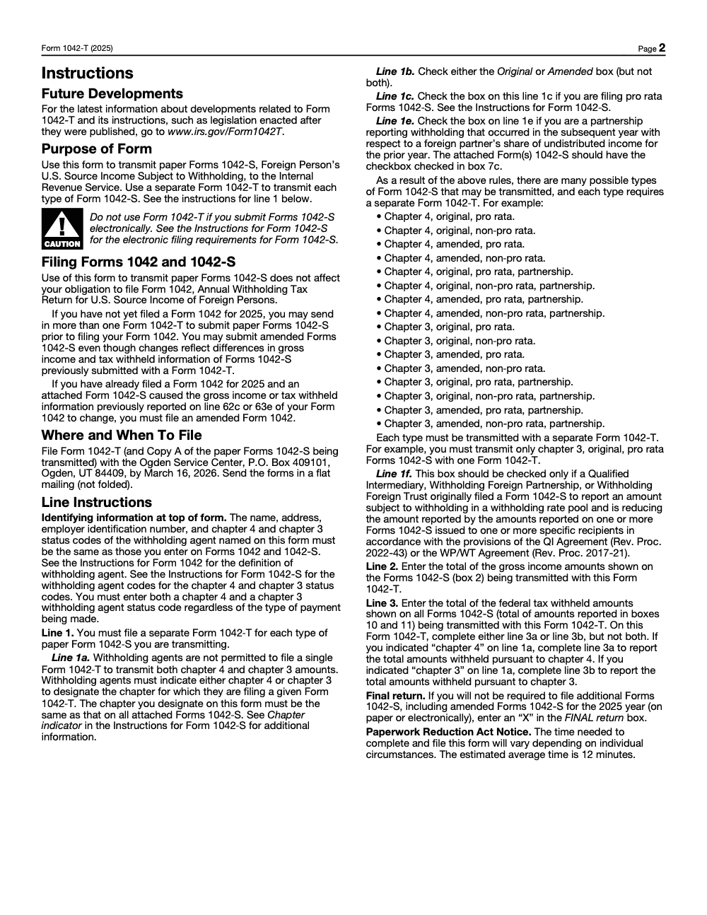 Page 2 of 2 of the official IRS Form 1042-T PDF (2025 edition): Copy A