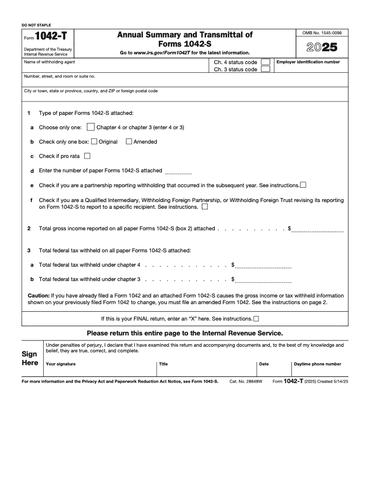 Page 1 of 2 of the official IRS Form 1042-T PDF (2025 edition)