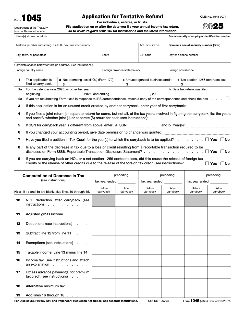 Page 1 of 2 of the official IRS Form 1045 PDF (2025 edition)