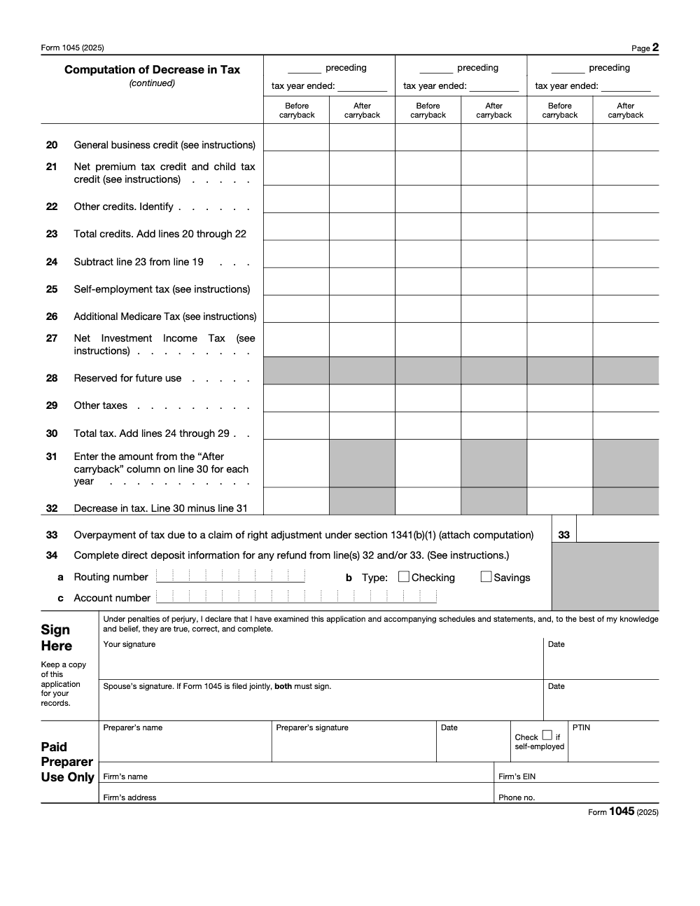 Page 2 of 2 of the official IRS Form 1045 PDF (2025 edition)