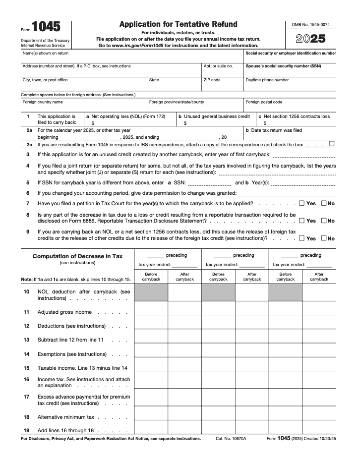 Page 1 of 2 of the official IRS Form 1045 PDF (2025 edition)