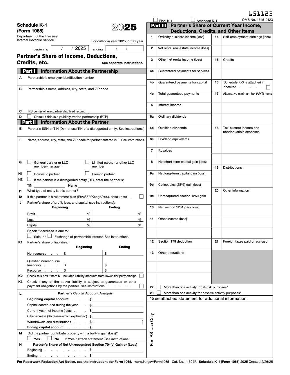 Page 1 of 1 of the official IRS Form 1065 Schedule K-1 PDF (2025 edition): Parts I, II, III