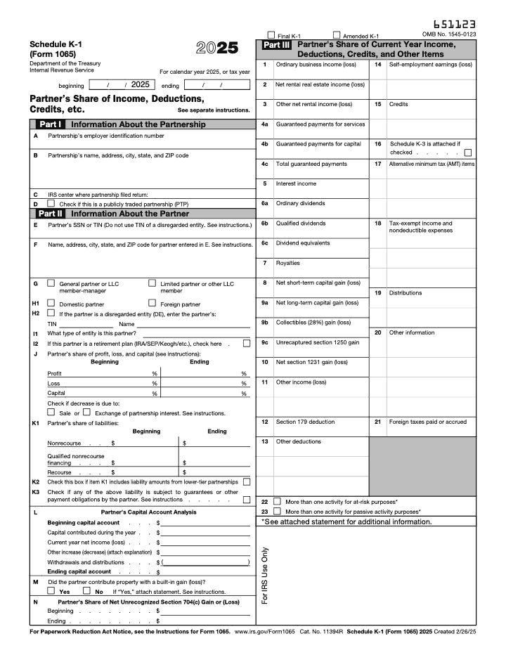 Page 1 of 1 of the official IRS Form 1065 Schedule K-1 PDF (2025 edition): Parts I, II, III