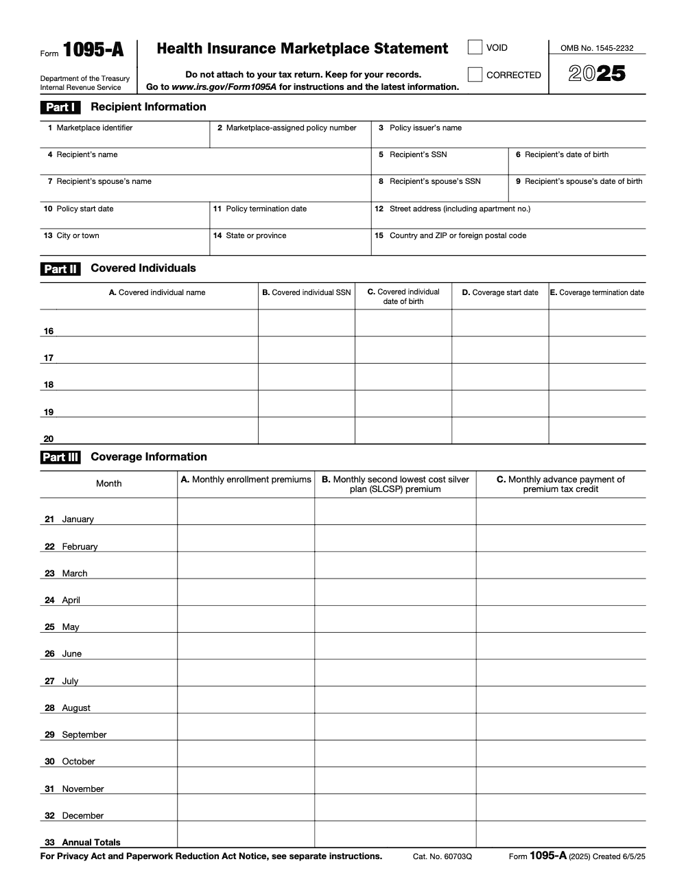 Page 2 of 3 of the official IRS Form 1095-A PDF (2025 edition): Parts I, II, III