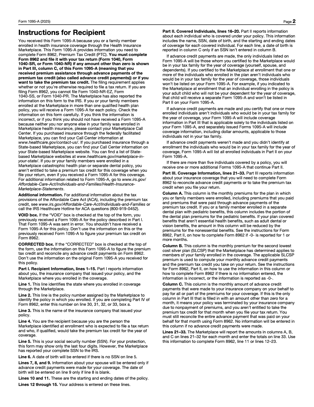 Page 3 of 3 of the official IRS Form 1095-A PDF (2025 edition): Part III; instructions