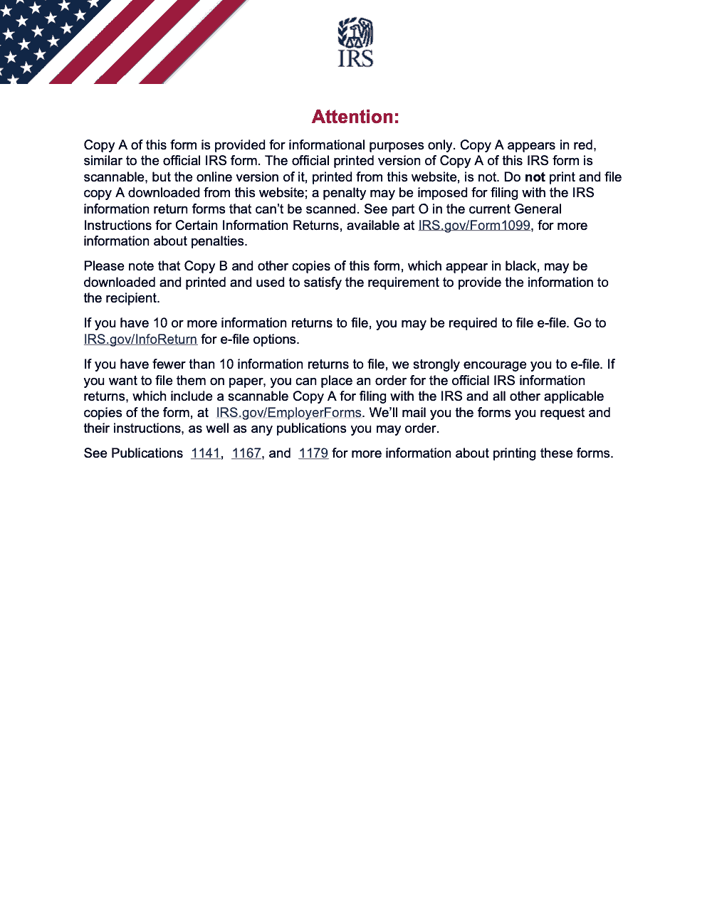 Page 1 of 4 of the official IRS Form 1098 PDF (Rev. April 2025): IRS “Attention” notice for filers