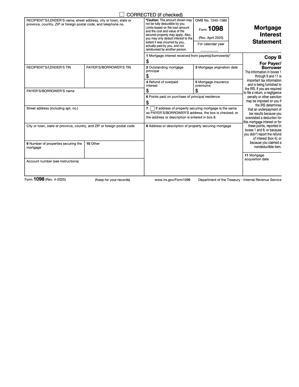 Page 3 of 4 of the official IRS Form 1098 PDF (Rev. April 2025): Copy B