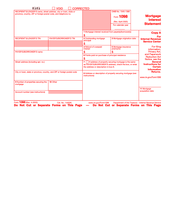 Page 2 of 4 of the official IRS Form 1098 PDF (Rev. April 2025): Copy A