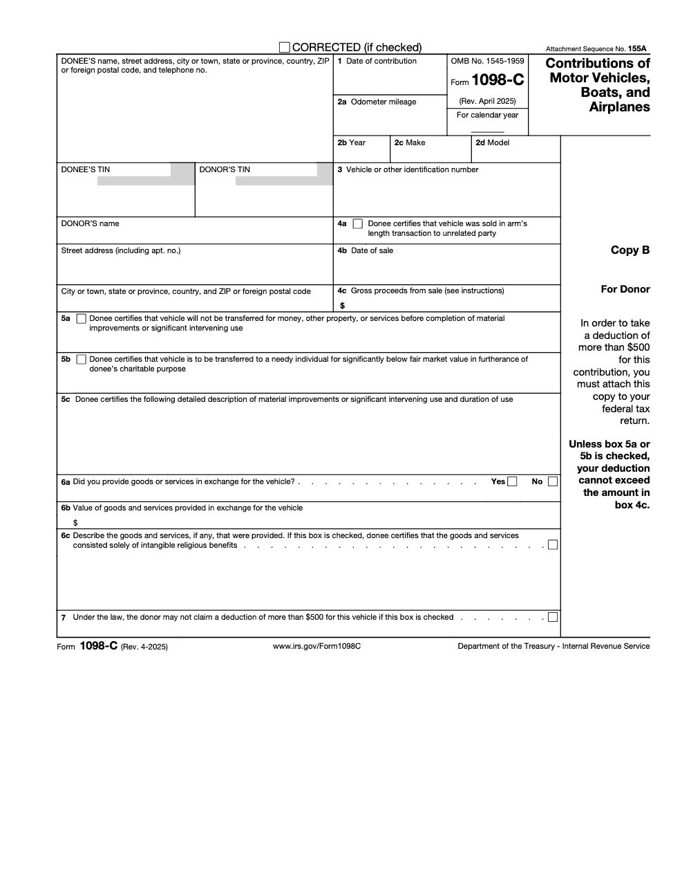 Page 2 of 4 of the official IRS Form 1098-C PDF (Rev. April 2025): Copy B